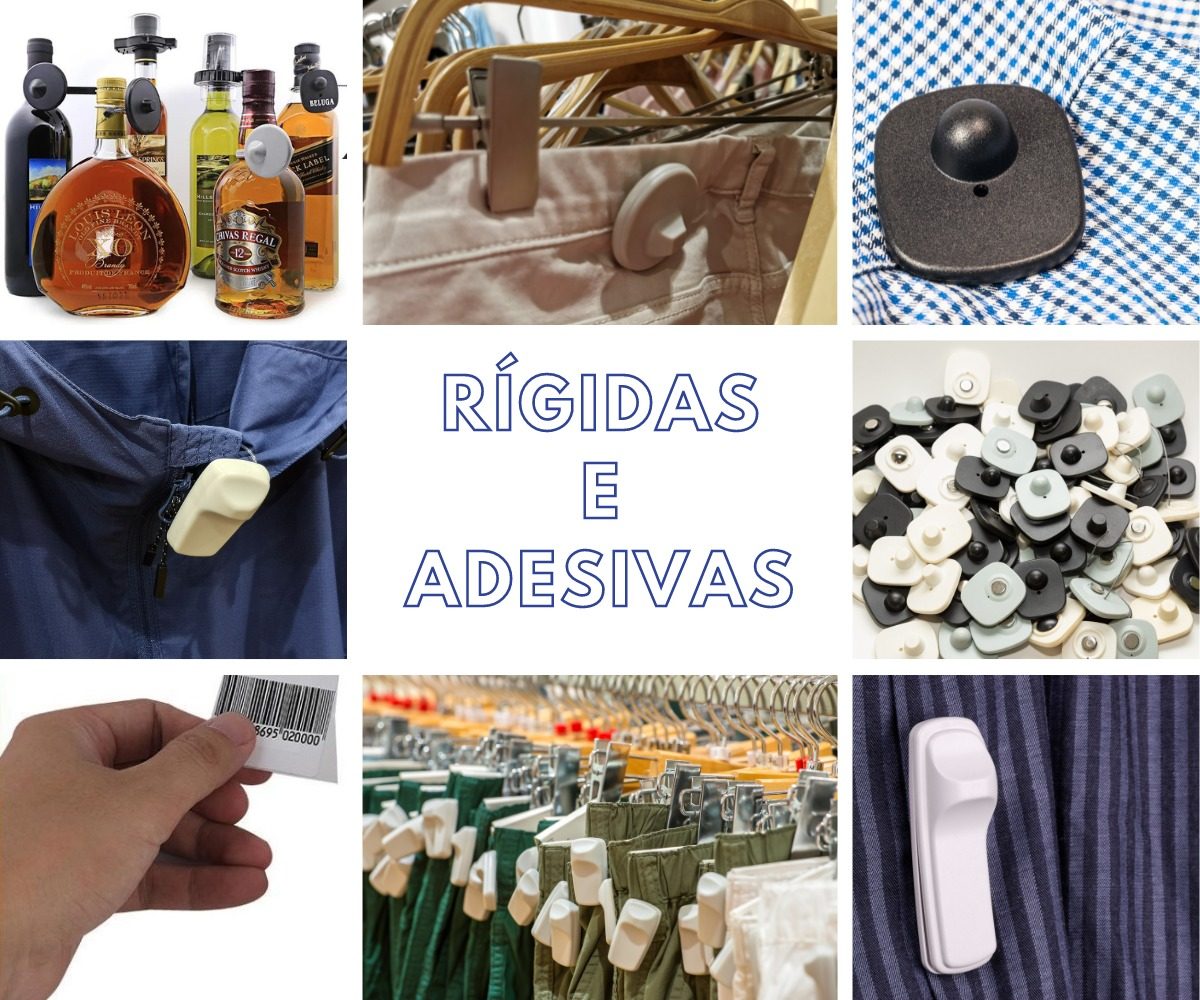 Etiquetas antifurto rígidas e adesivas aplicadas em produtos